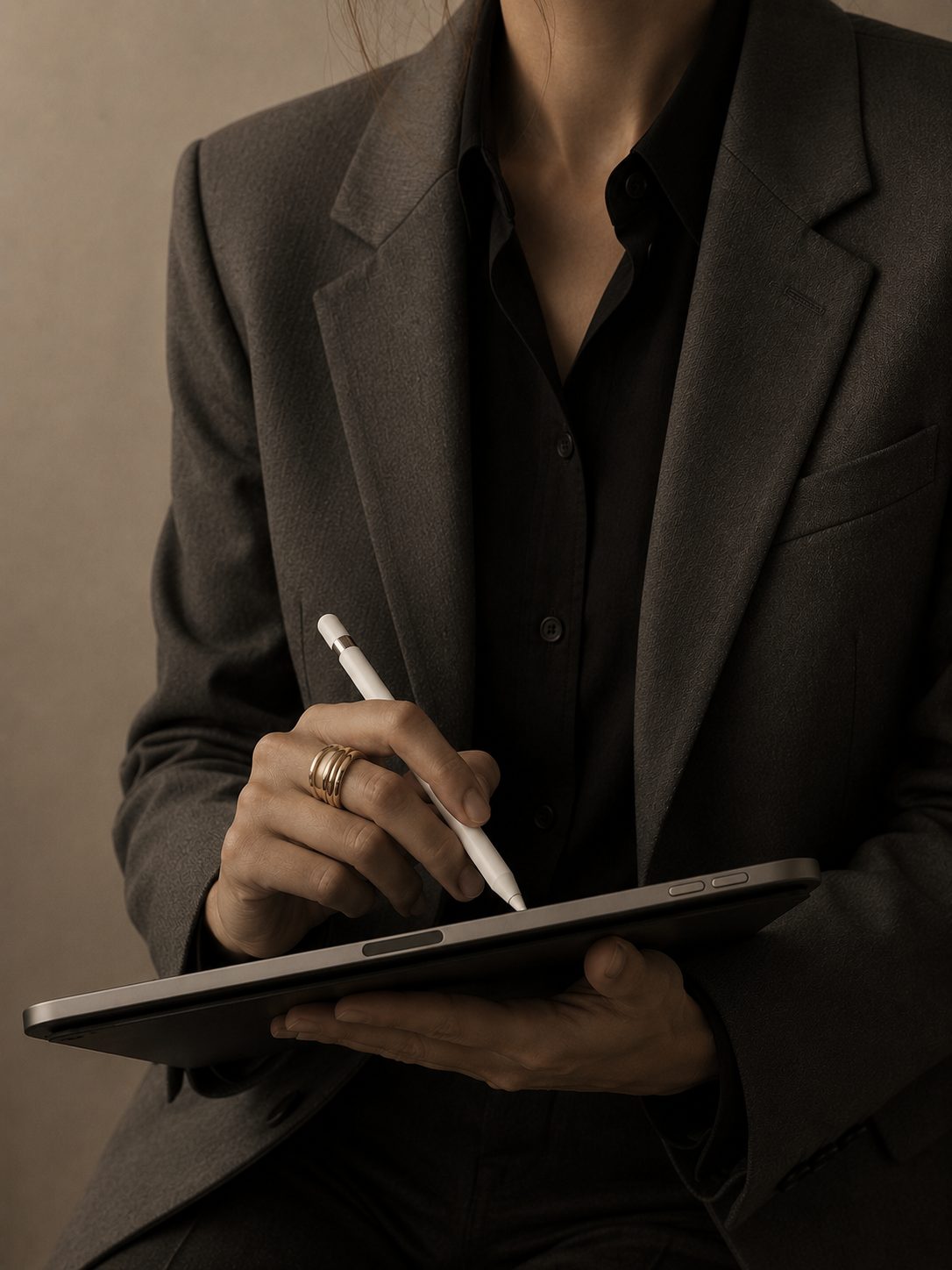 A person in a tailored blazer holding a tablet and stylus