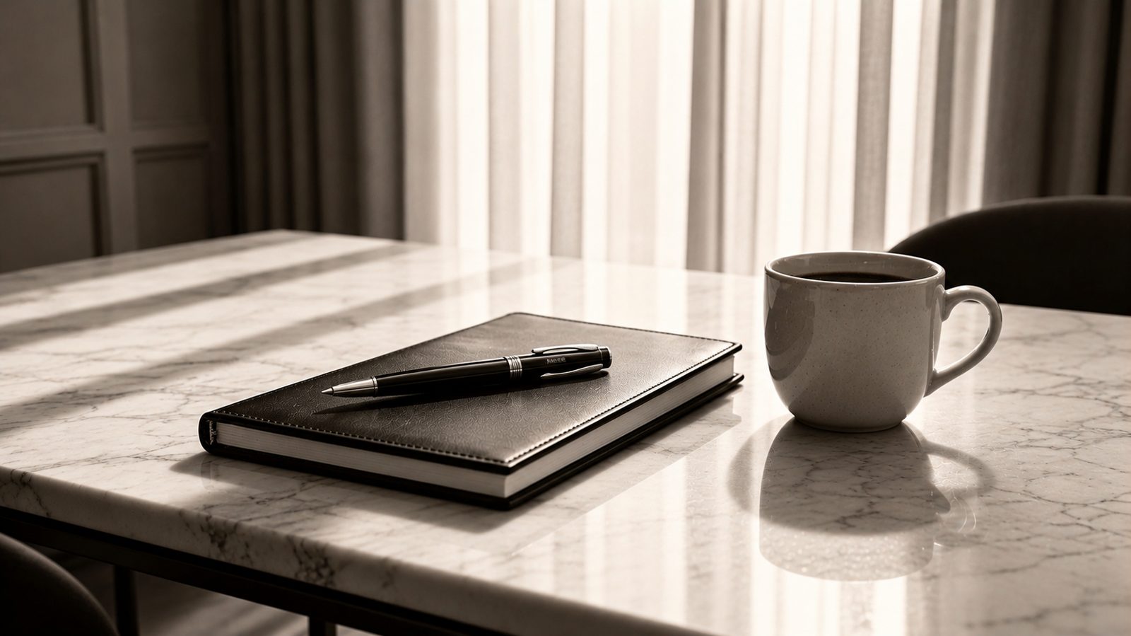 Leather notebook and pen on a marble desk in soft, calm natural light
